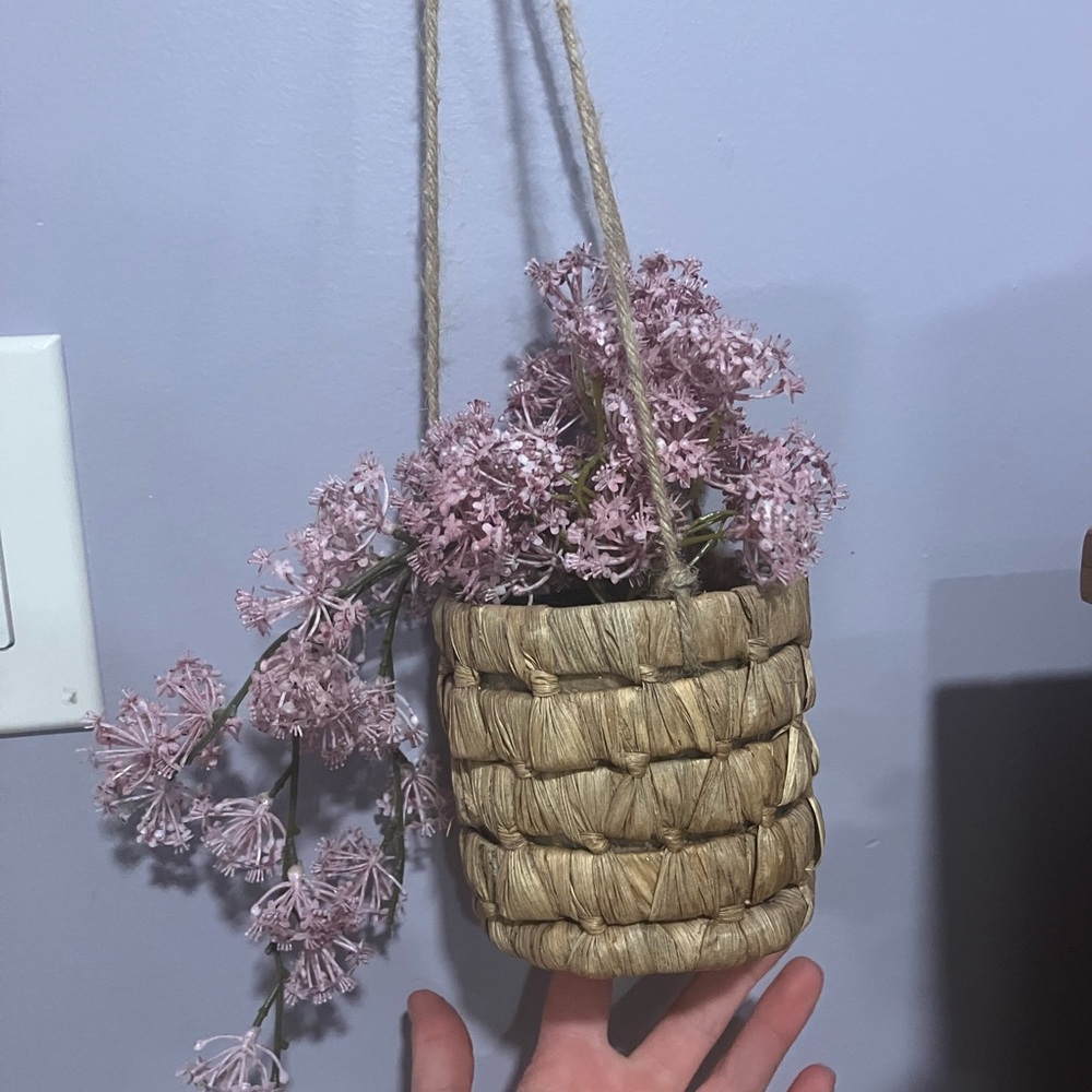 Woven Hanging Basket with fake Pink Flowers